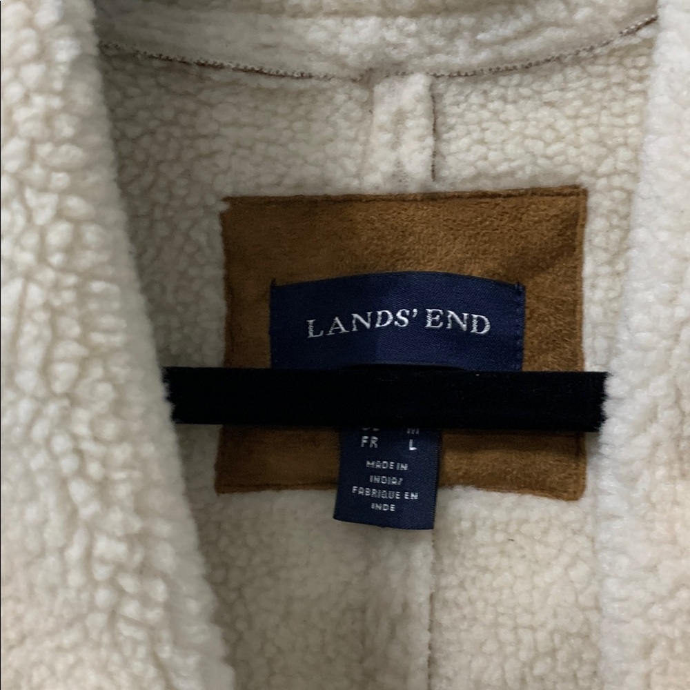 LANDS’END. Brown Faux Suede Coat with Cream Trim - Picture 2 of 8